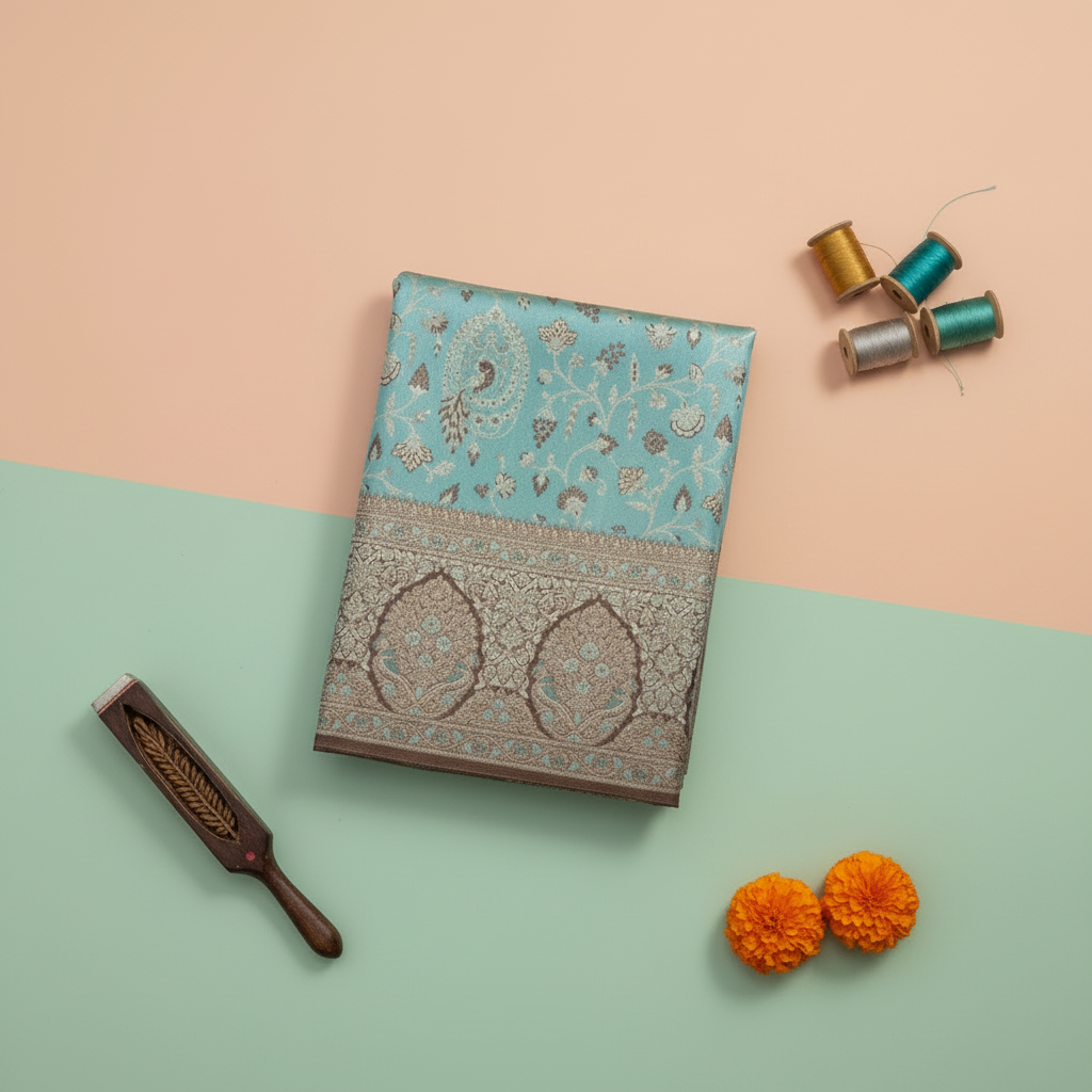 Turquoise Kanchipuram Silk Saree with Silver Peacock Motifs