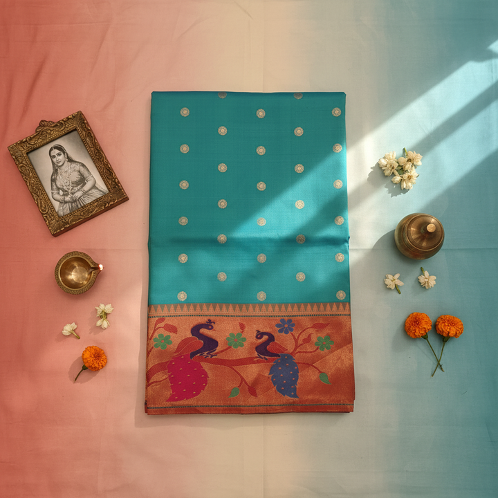 kuberan Turquoise blue Paithani Silk Saree with Orange Peacock Pallu