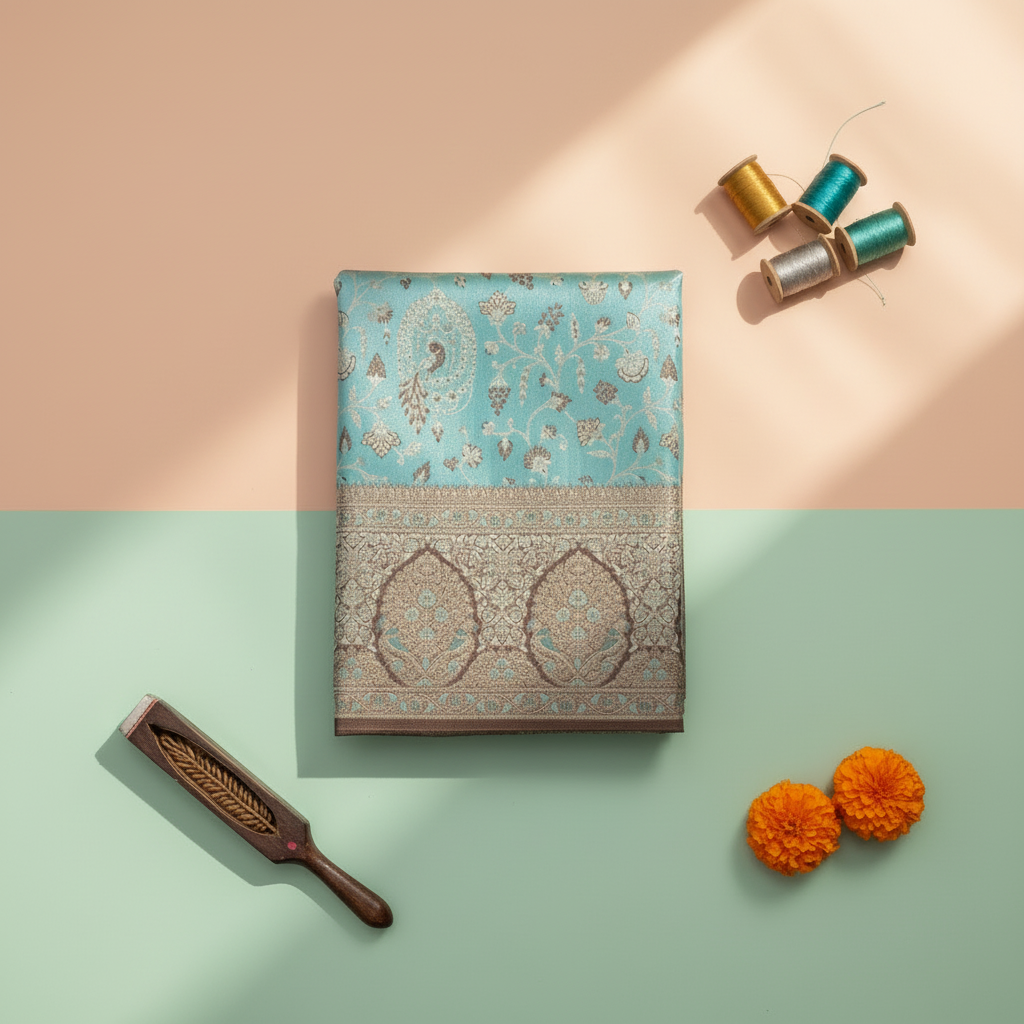 Turquoise Kanchipuram Silk Saree with Silver Peacock Motifs