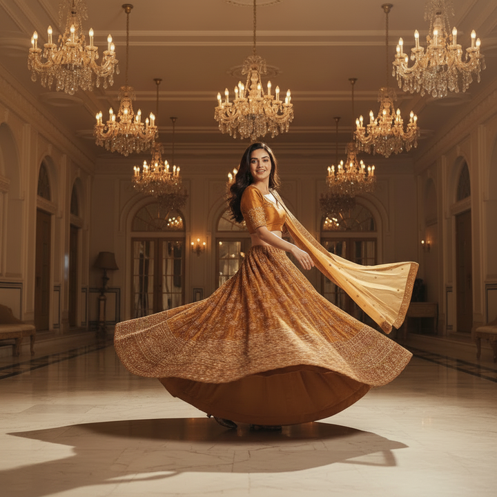 Kuberan Golden Mustard Semi Bridal Lehenga Semi Stitched