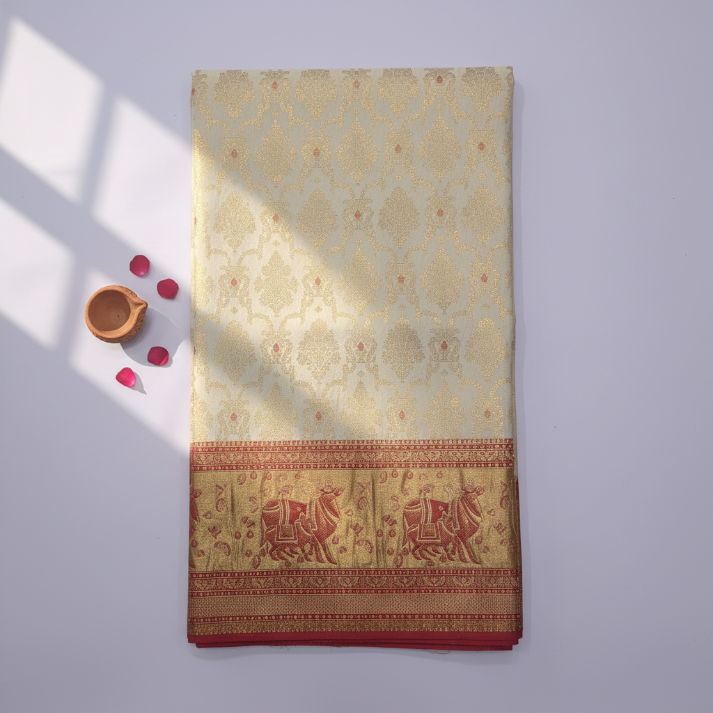KUBERAN CREAM WITH RED BROCADE SEMI SILK SAREE