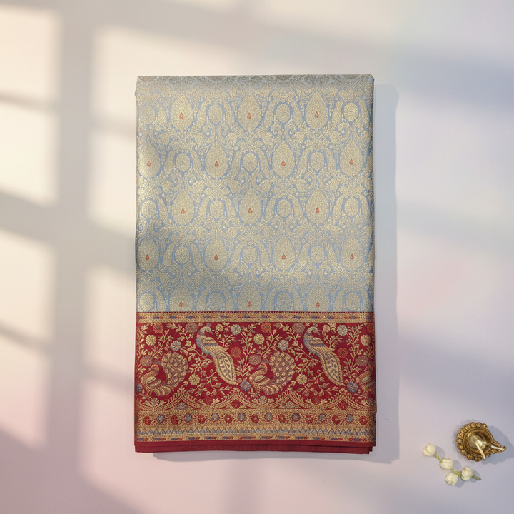 KUBERAN GREY WITH RED SEMI BROCADE SILK SAREE