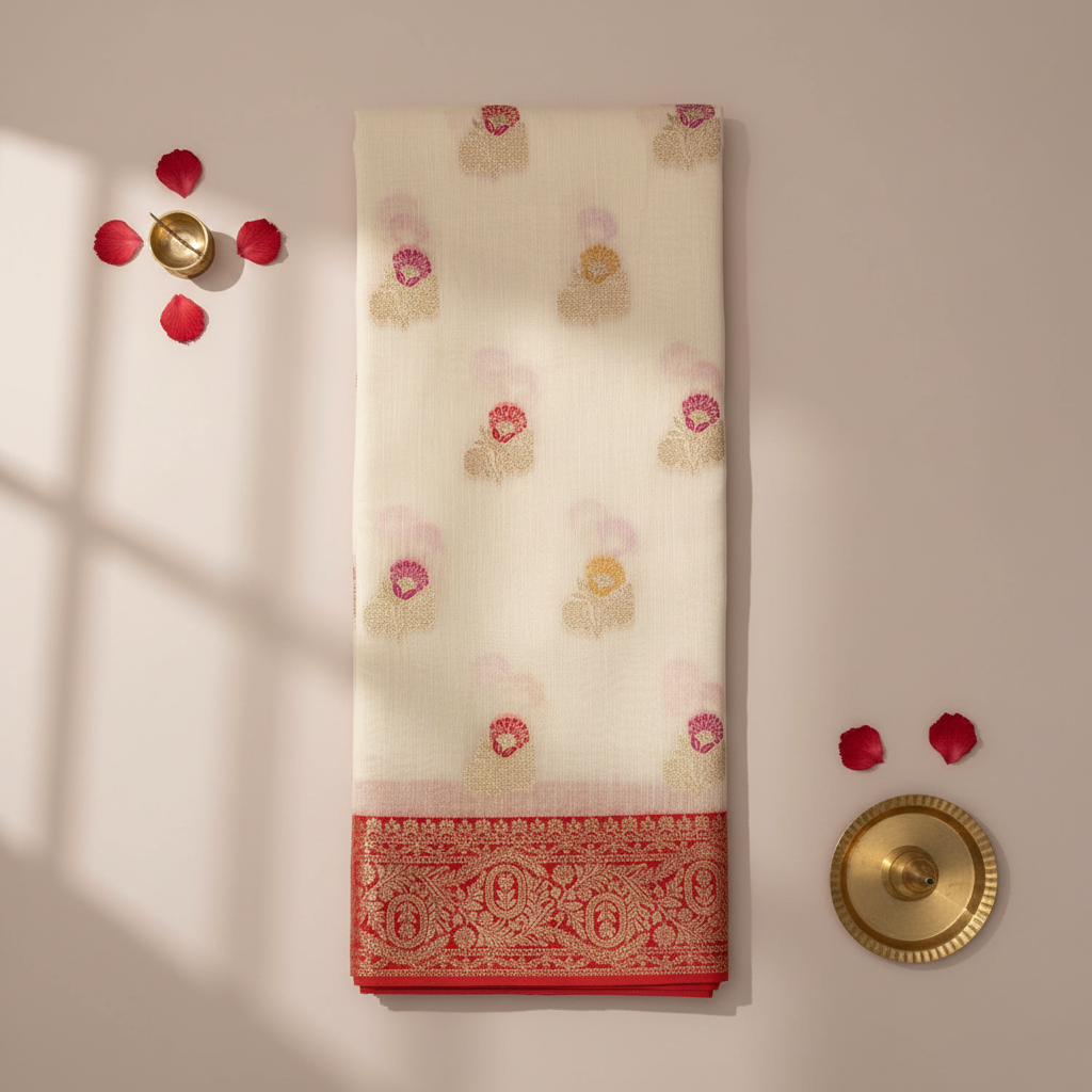 KUBERAN WHITE WITH RED SEMI TUSSAR SILK SAREE