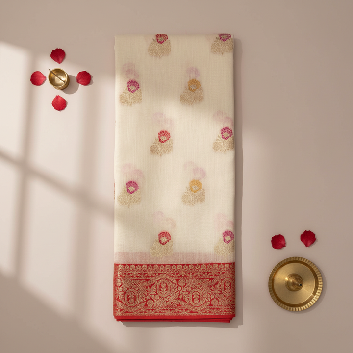 KUBERAN WHITE WITH RED SEMI TUSSAR SILK SAREE
