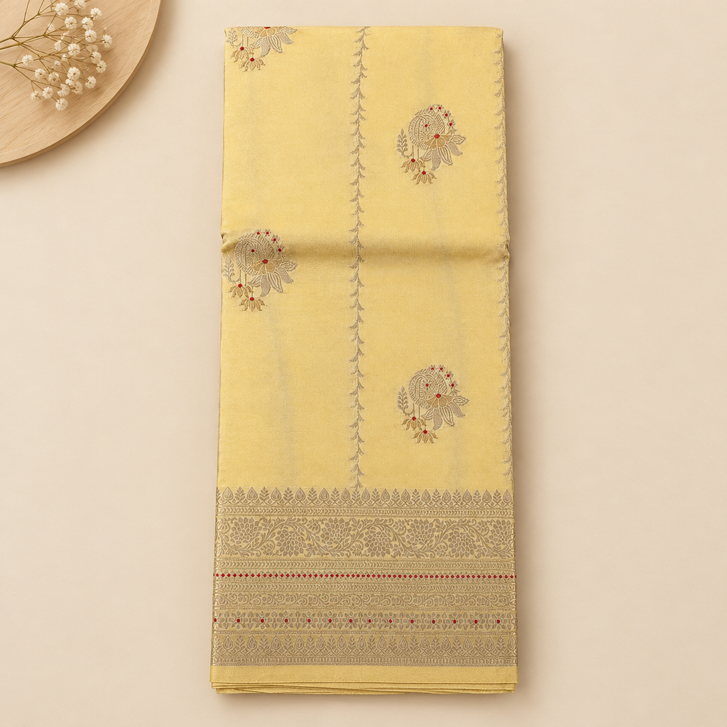 KUBERAN PALE YELLOW PURE TUSSAR SILK SAREE