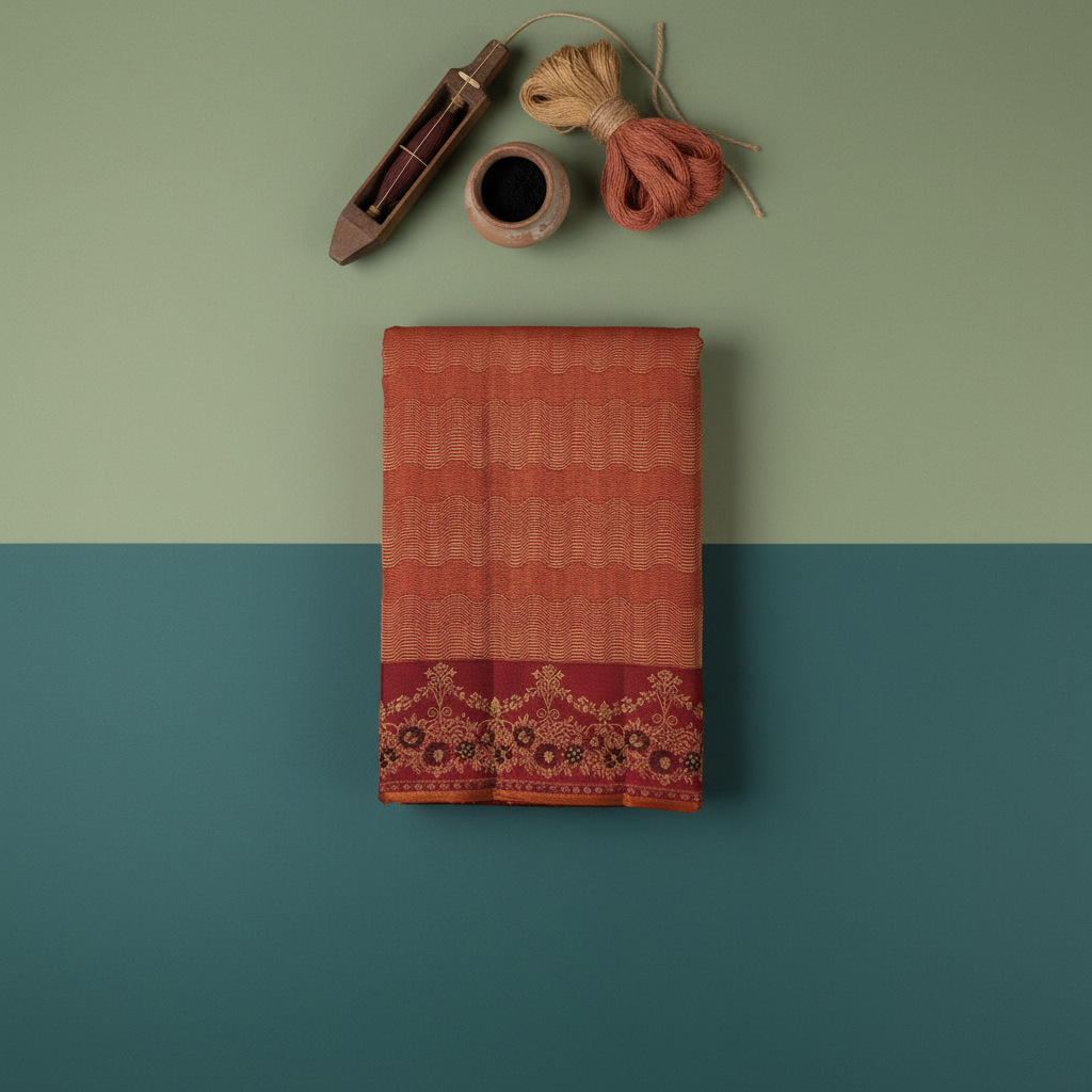 kuberan Terracotta Kanchipuram Silk Saree with Gold Zari Wave Weave & Maroon Floral Vine Border