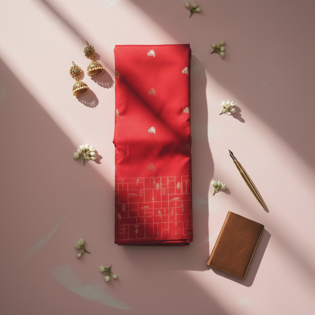 Vibrant red saree with gold motifs on pink background