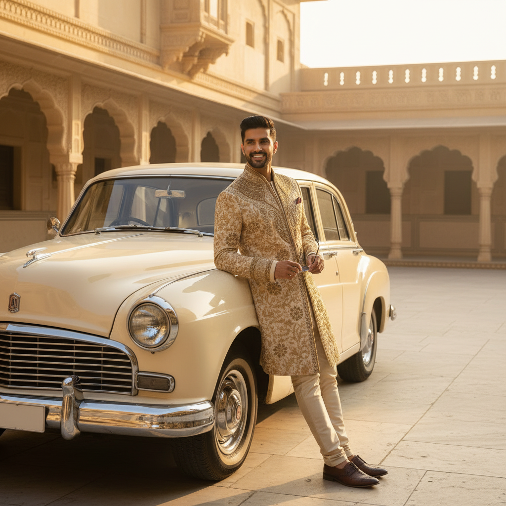 Kuberan Cream & Gold Floral Zardozi Indo-Western Sherwani