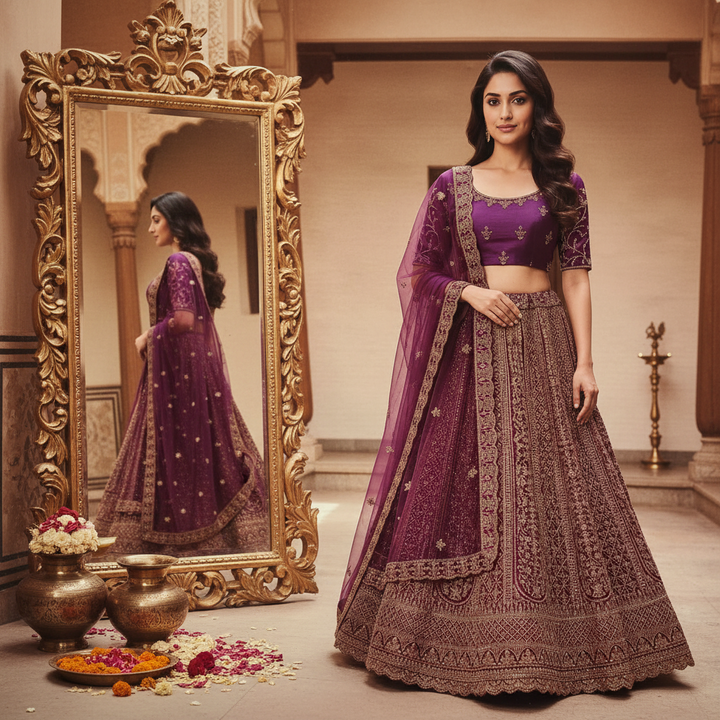 Kuberan Semi Bridal Purple Embroidered Lehenga Semi Stitched