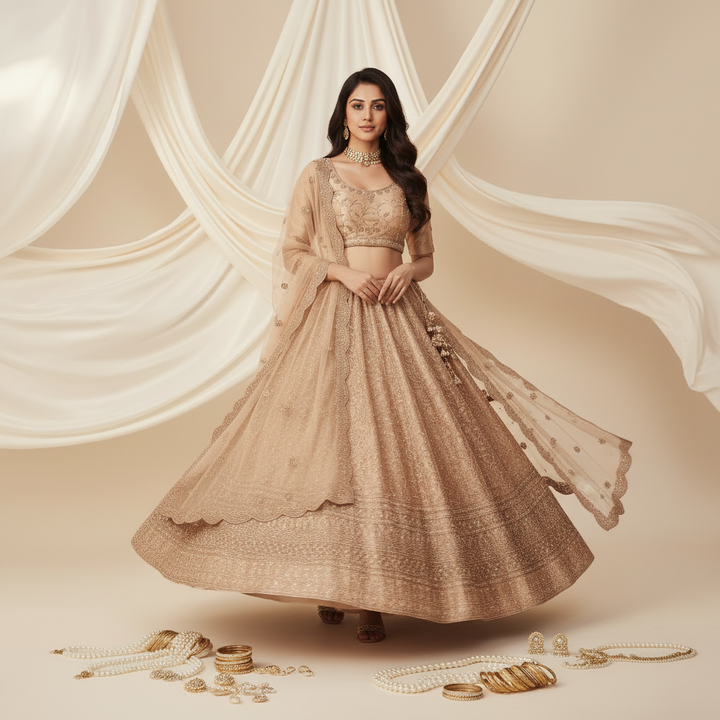 Kuberan Rose Gold Semi-Bridal Lehenga Semi-Stitched