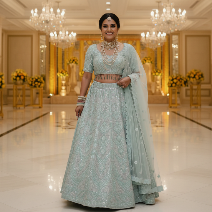 Kuberan Bridal Lehenga – Mint Ice Blue Geometric Sequin