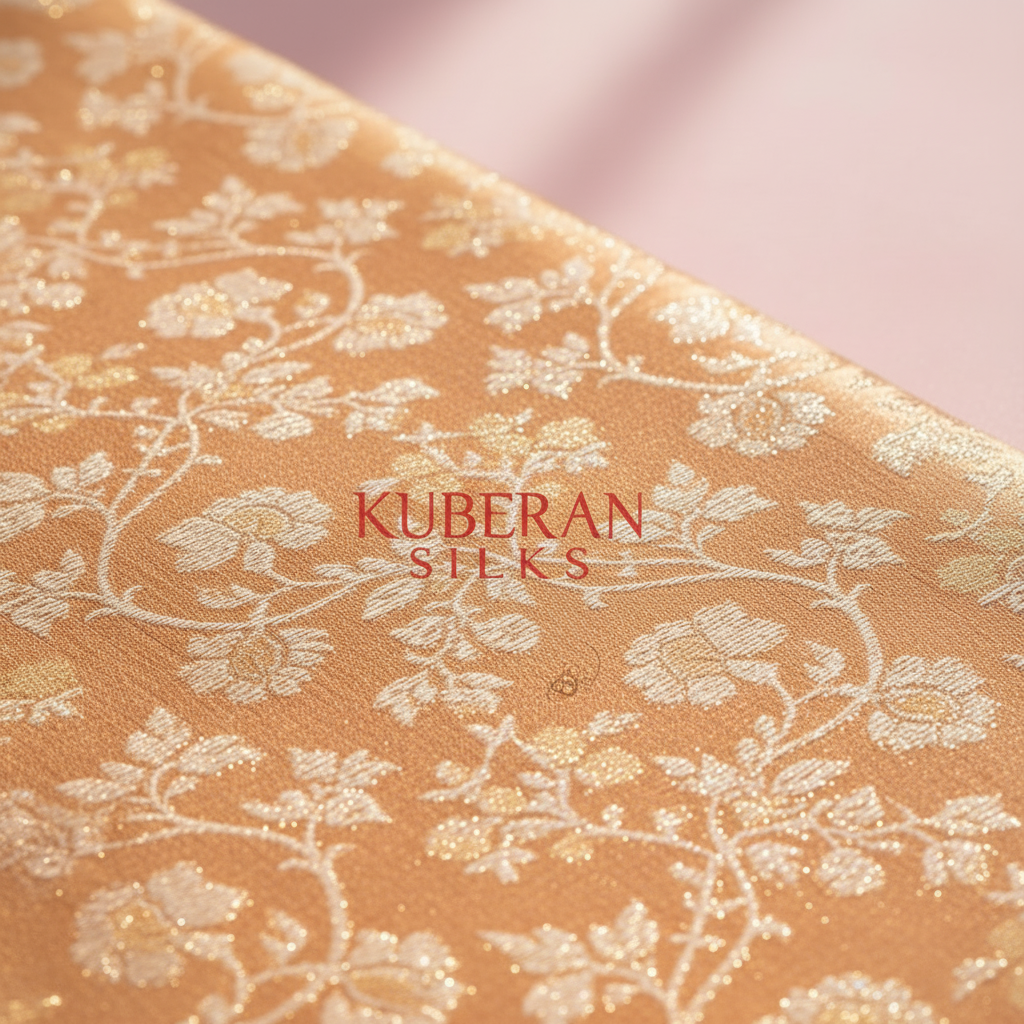 Kuberan orange Gold Floral Kanchipuram Silk Saree
