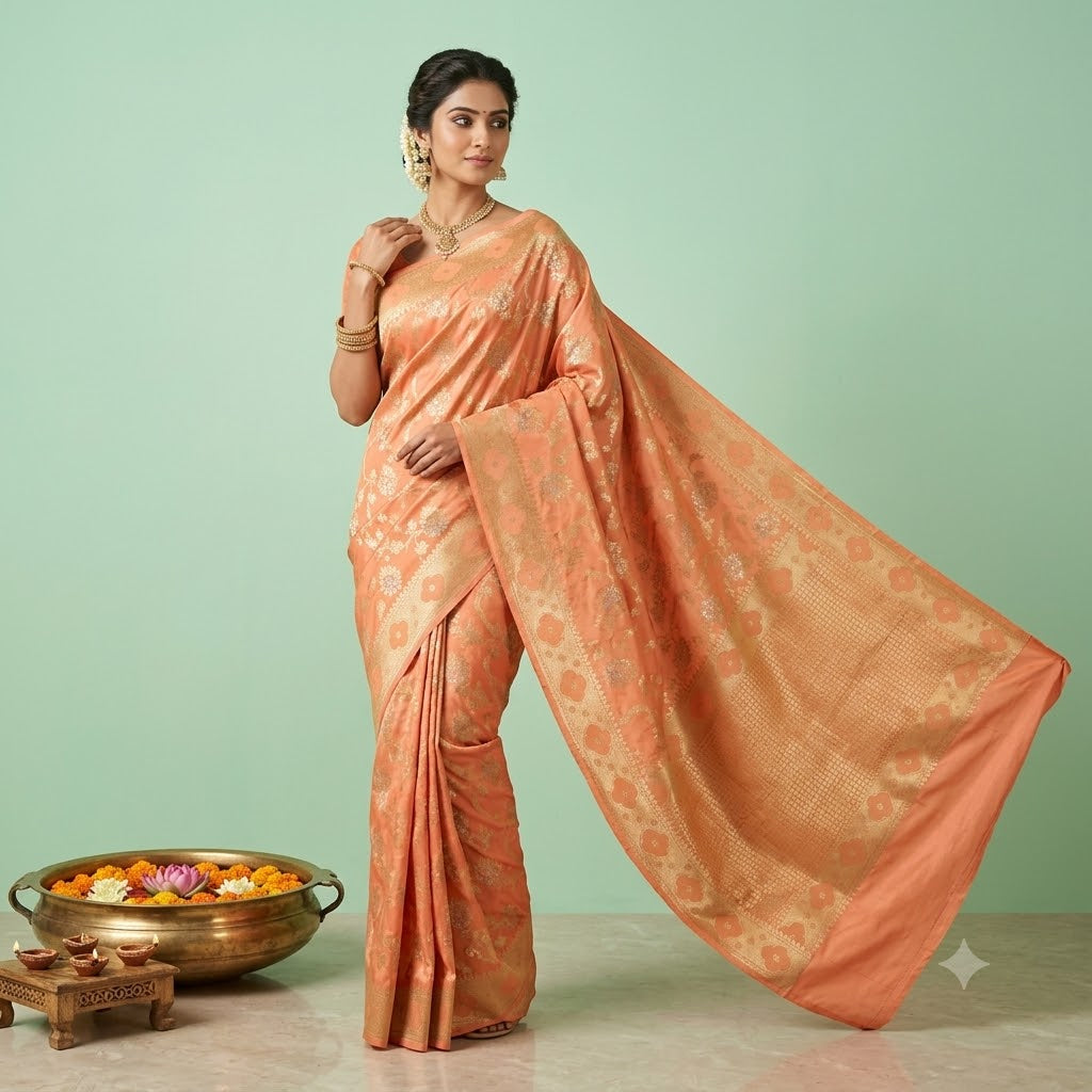 KUBERAN DARK PEACH PURE BANARASI HANDLOOM SAREE