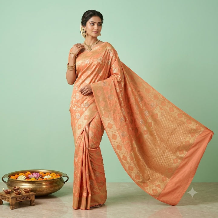 KUBERAN DARK PEACH PURE BANARASI HANDLOOM SAREE