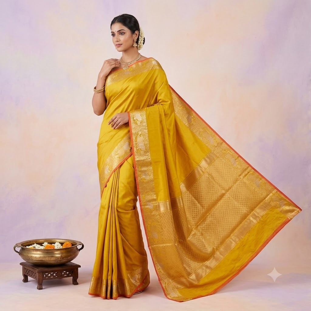 KUBERAN YELLOW PURE BANARASI HANDLOOM SAREE