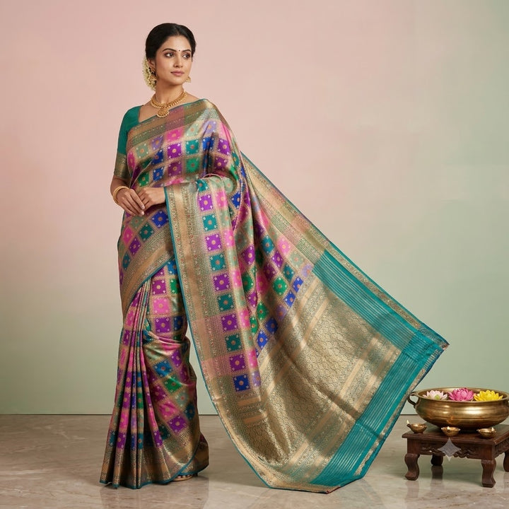 KUBERAN MULTI CHECKS PURE BANARASI HANDLOOM SAREE