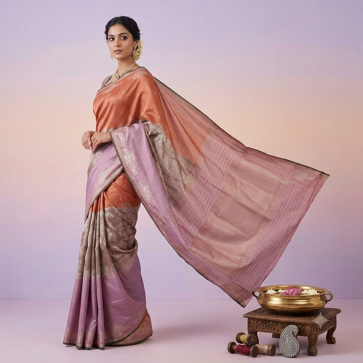 KUBERAN PEACH SILVER & LAVENDER PURE BANARASI HANDLOOM SAREE