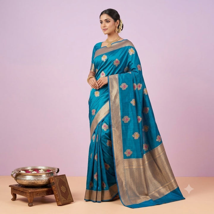 KUBERAN PEACOCK BLUE PURE BANARASI HANDLOOM SAREE