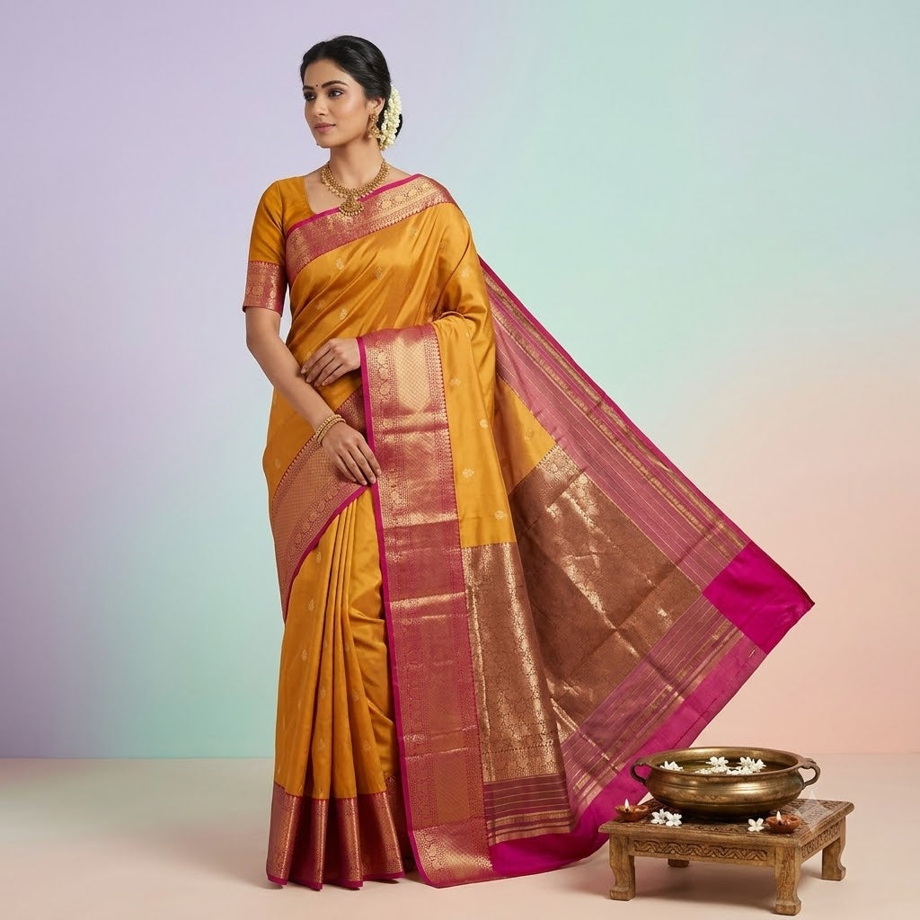 KUBERAN MUSTARD YELLOW PURE BANARASI HANDLOOM SAREE