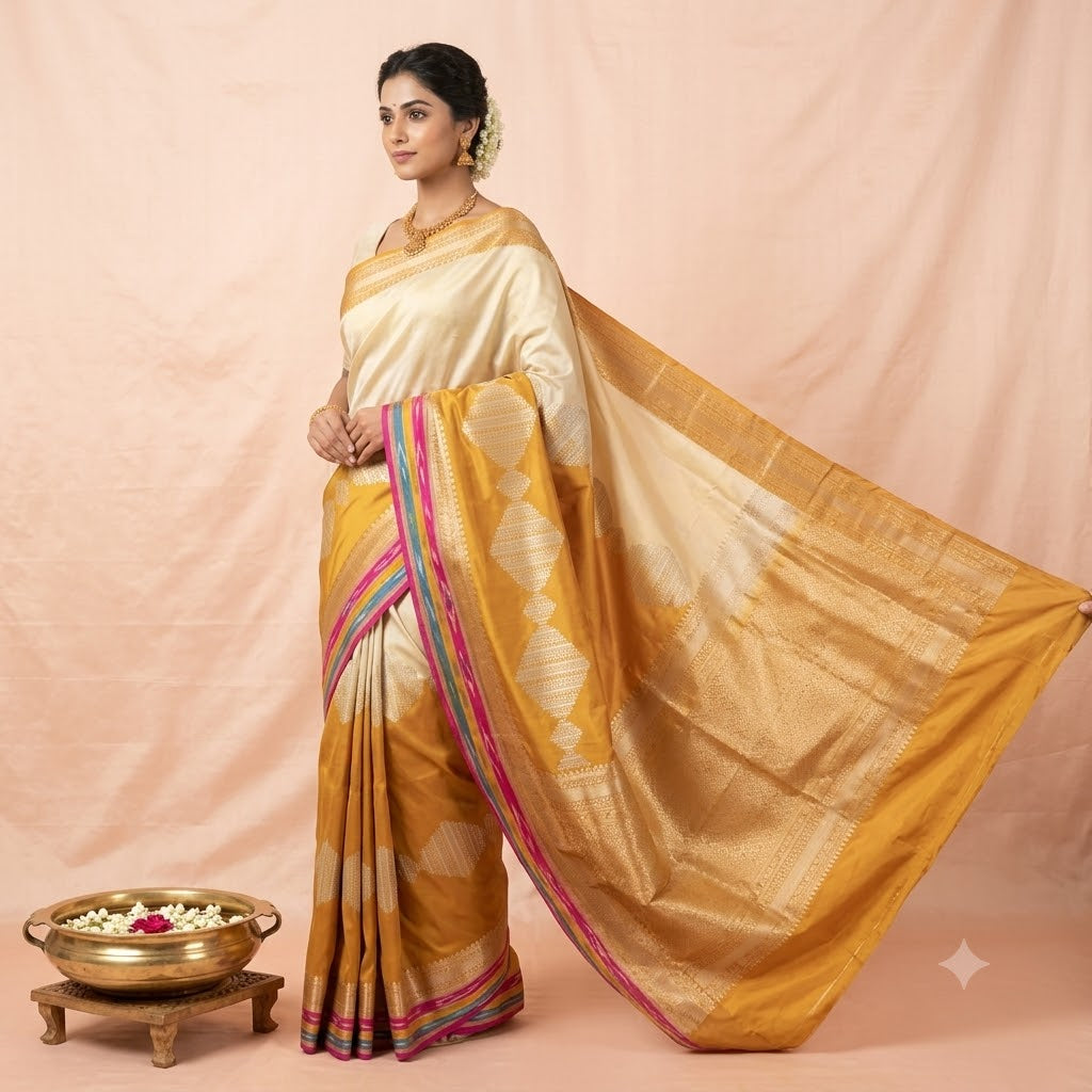 KUBERAN YELLOW CREAM PURE BANARASI HANDLOOM SAREE