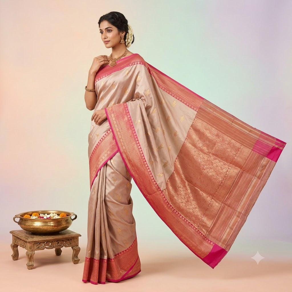 KUBERAN BEIGE WITH PINK PURE BANARASI HANDLOOM SAREE