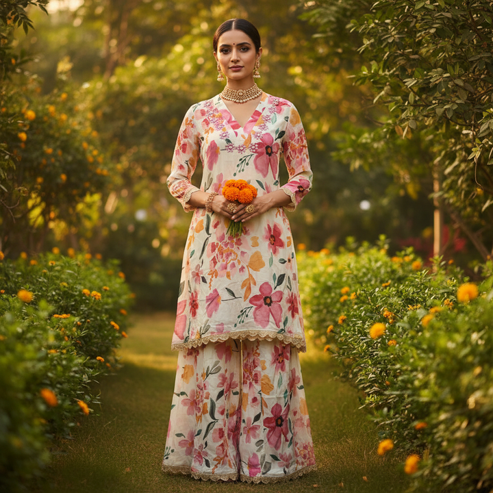 Kuberan Ivory Floral Print Kurta & Plazzo Co-ord Set