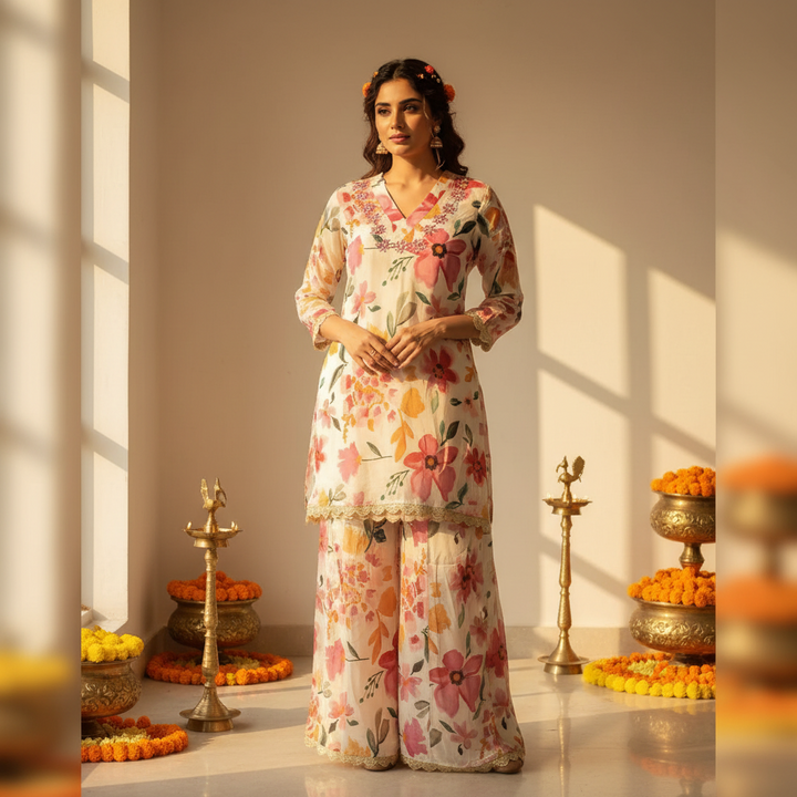 Kuberan Ivory Floral Print Kurta & Plazzo Co-ord Set