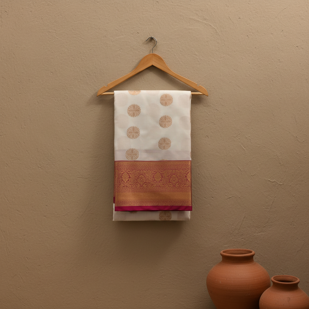 KUBERAN WHITE PINK SEMI SILK SAREE