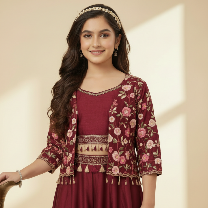 Kids Palazzo Set - Wine with Floral Embroidered Jacket