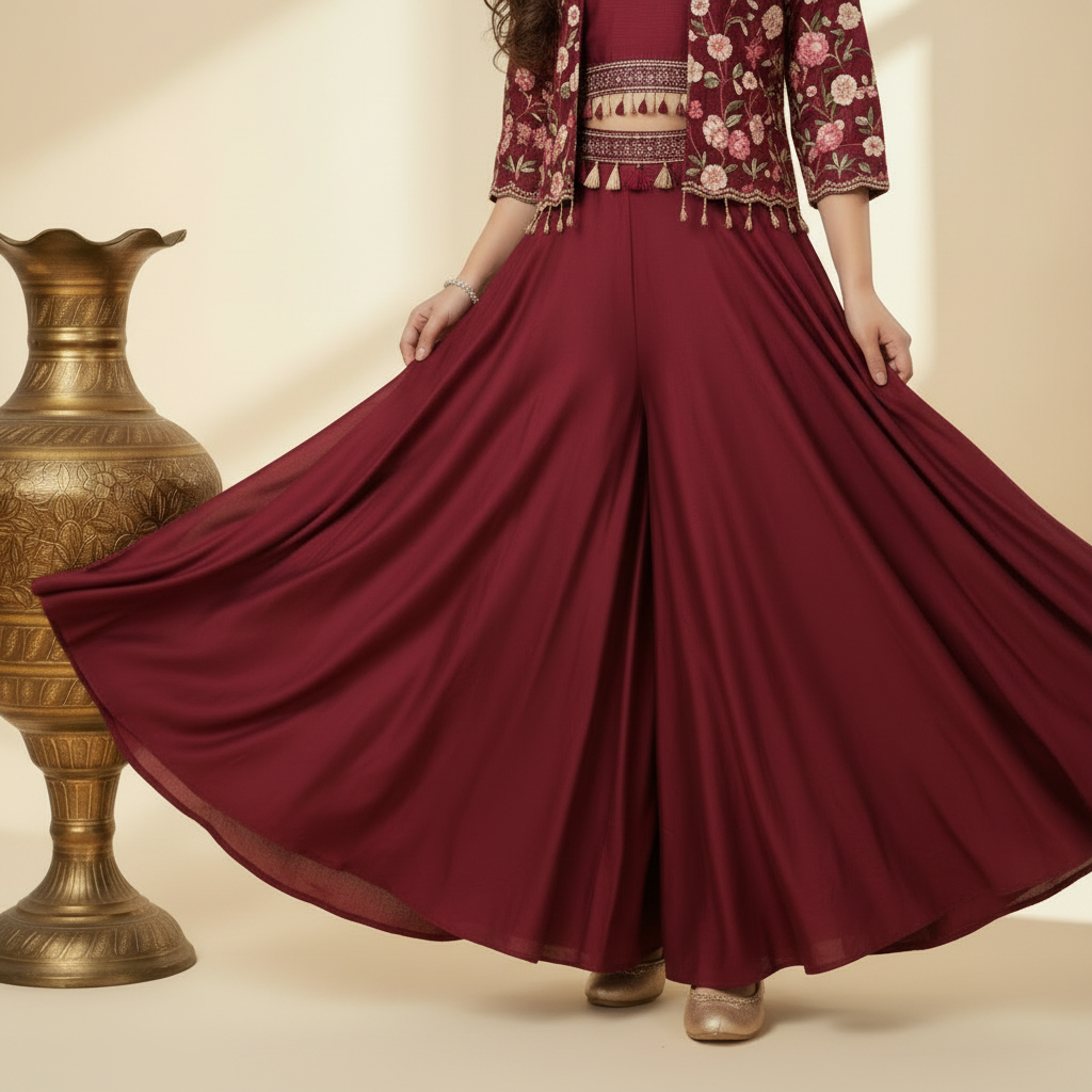 Kids Palazzo Set - Wine with Floral Embroidered Jacket