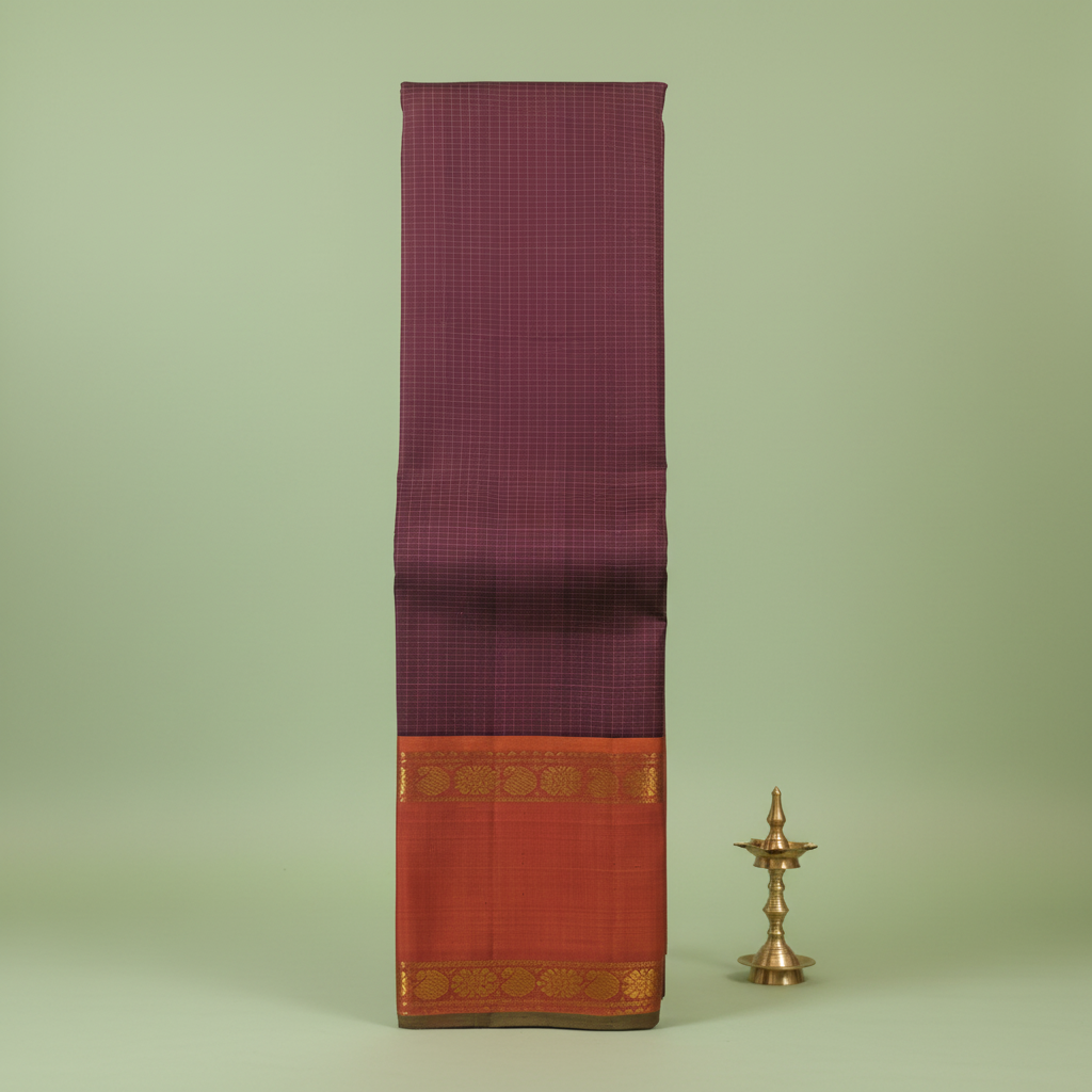 KUBERAN WINE WITH RUST ORANGE PURE KANCHIPURAM SILK SAREE