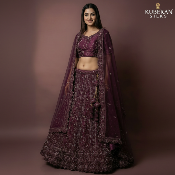 Kuberan Wine Embroidered Net Lehenga