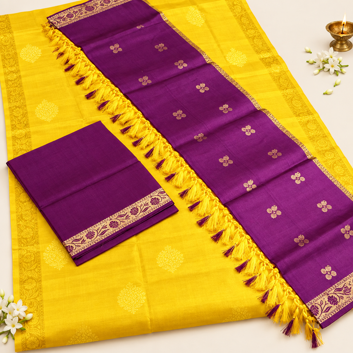 Pure Silk Dress Material - Yellow and Purple