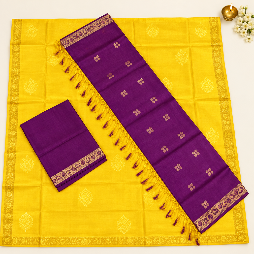 Pure Silk Dress Material - Yellow and Purple