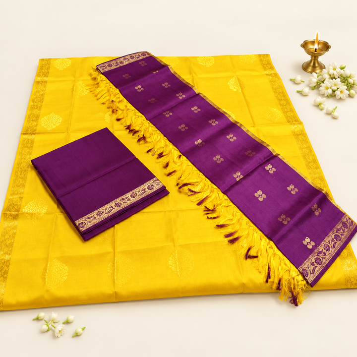 Pure Silk Dress Material - Yellow and Purple