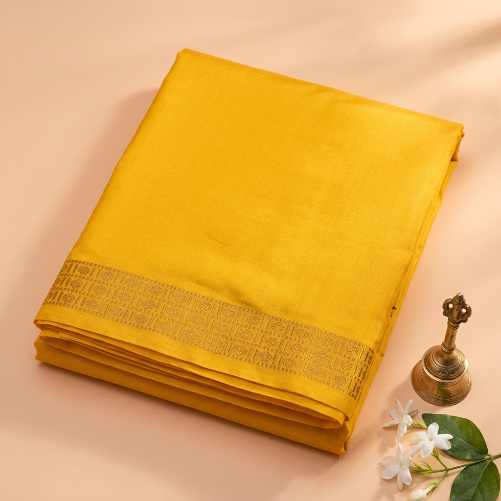 Kuberan Yellow Pure Silk Dhoti with Gold Zari Border