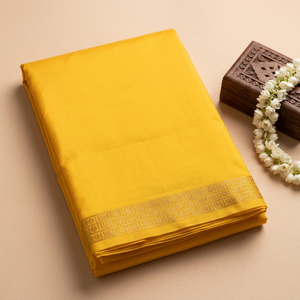 Kuberan Yellow Pure Silk Dhoti with Gold Zari Border