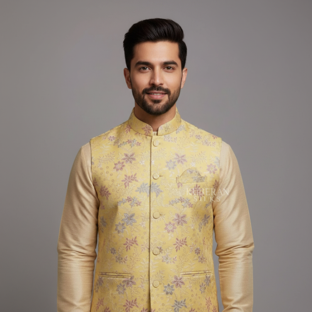 Yellow floral Nehru jacket 2000x2000