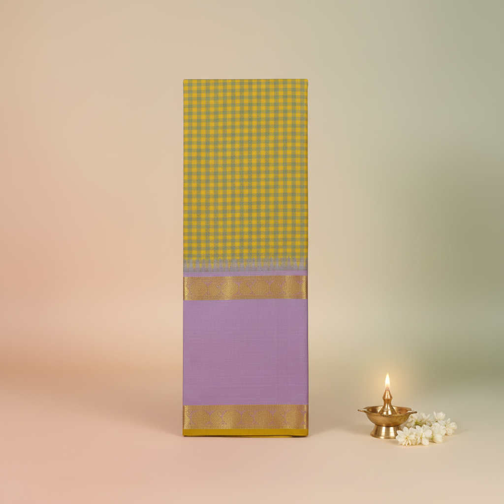 KUBERAN GREEN CHECKS WITH LAVENDER PURE KANCHIPURAM SILK SAREE