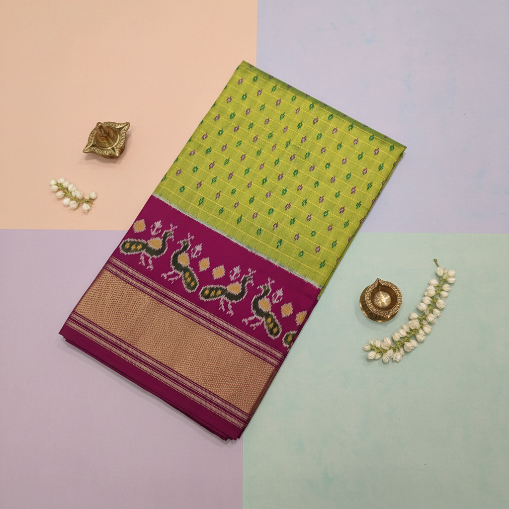 KUBERAN PARROT GREEN POCHAMPALLY SILK SAREE