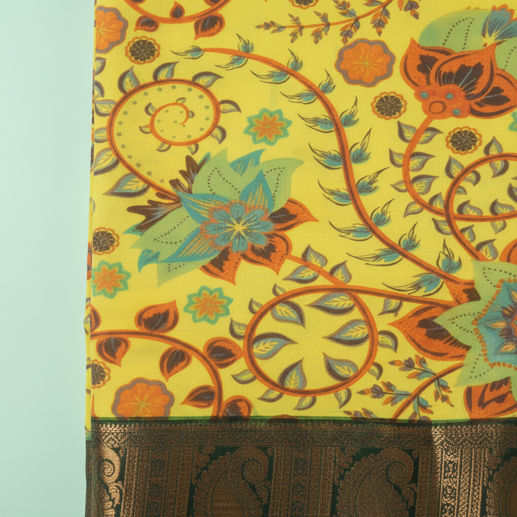 KUBERAN YELLOW KALAMKARI PRINT SEMI SILK SAREE