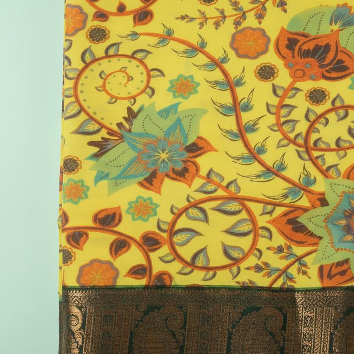 KUBERAN YELLOW KALAMKARI PRINT SEMI SILK SAREE