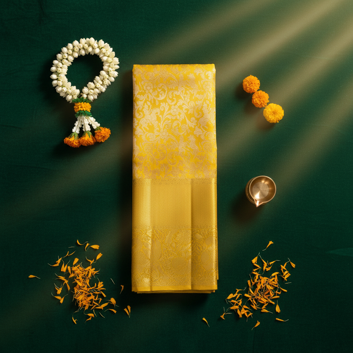 Yellow Kanchipuram silk saree hero flat lay with jasmine garland and diya