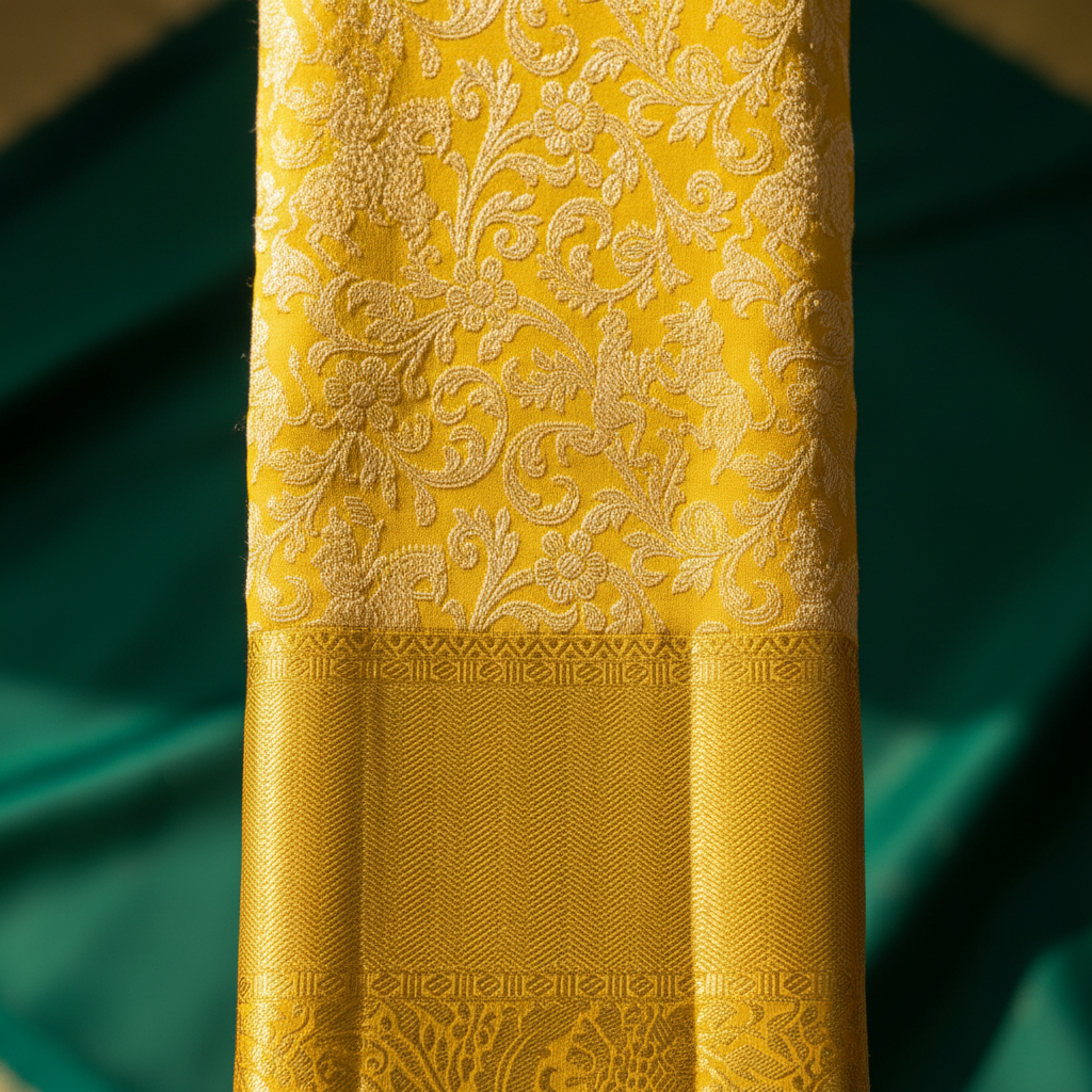 Yellow Kanchipuram silk saree body with gold zari floral jaal motif close-up