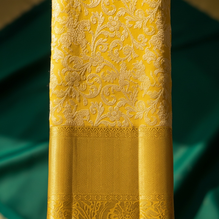 Yellow Kanchipuram silk saree body with gold zari floral jaal motif close-up