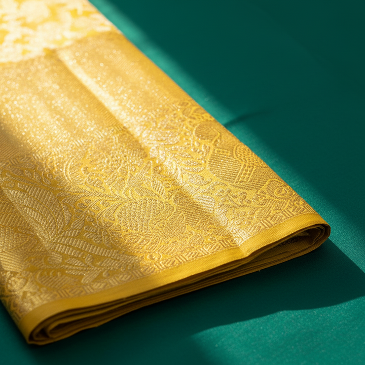 Yellow Kanchipuram silk saree border and pallu tissue weave close-up