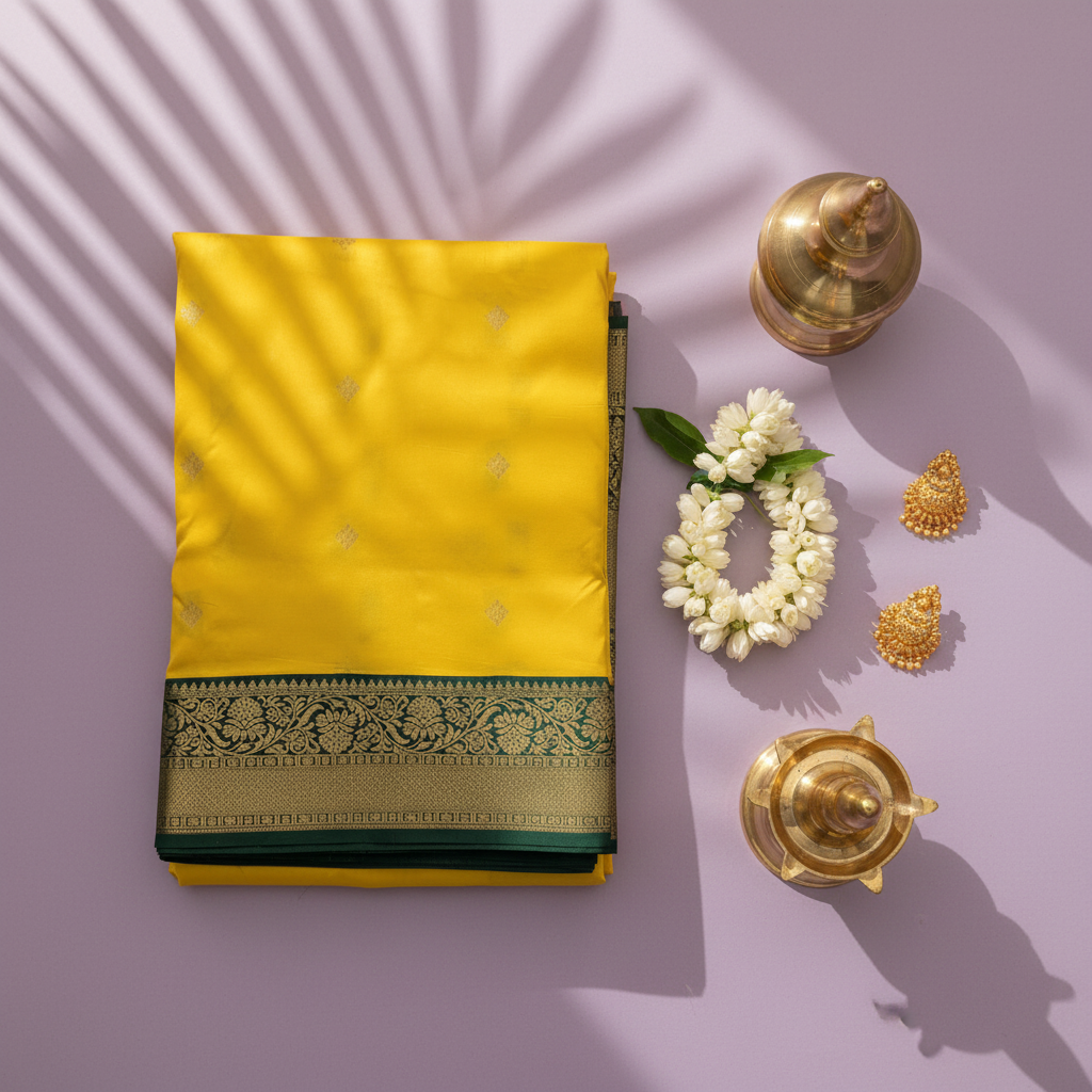 kuberan pure Silk 9 Yards Saree - Sunshine Yellow with Green Zari Border