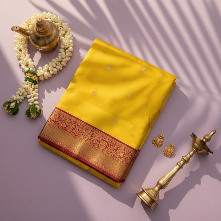 kuberan pure Silk 9 Yards Saree - Sunshine Yellow with Maroon Zari Border