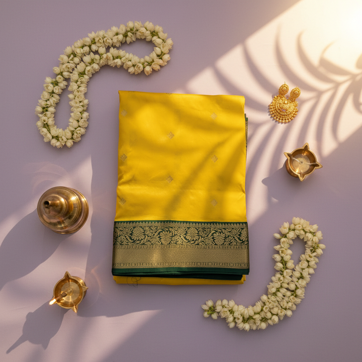 kuberan pure Silk 9 Yards Saree - Sunshine Yellow with Green Zari Border