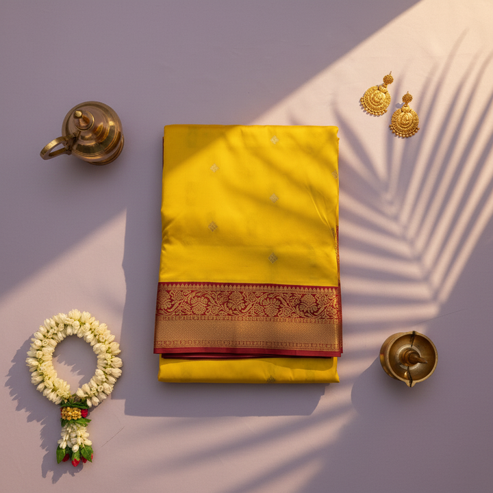 kuberan pure Silk 9 Yards Saree - Sunshine Yellow with Maroon Zari Border